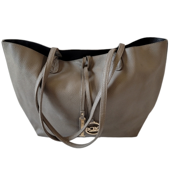 BCBG Paris Gray Leather Tote + Cosmetic Bag Set Zip Closure Travel Beachy Sz L - Picture 12 of 12